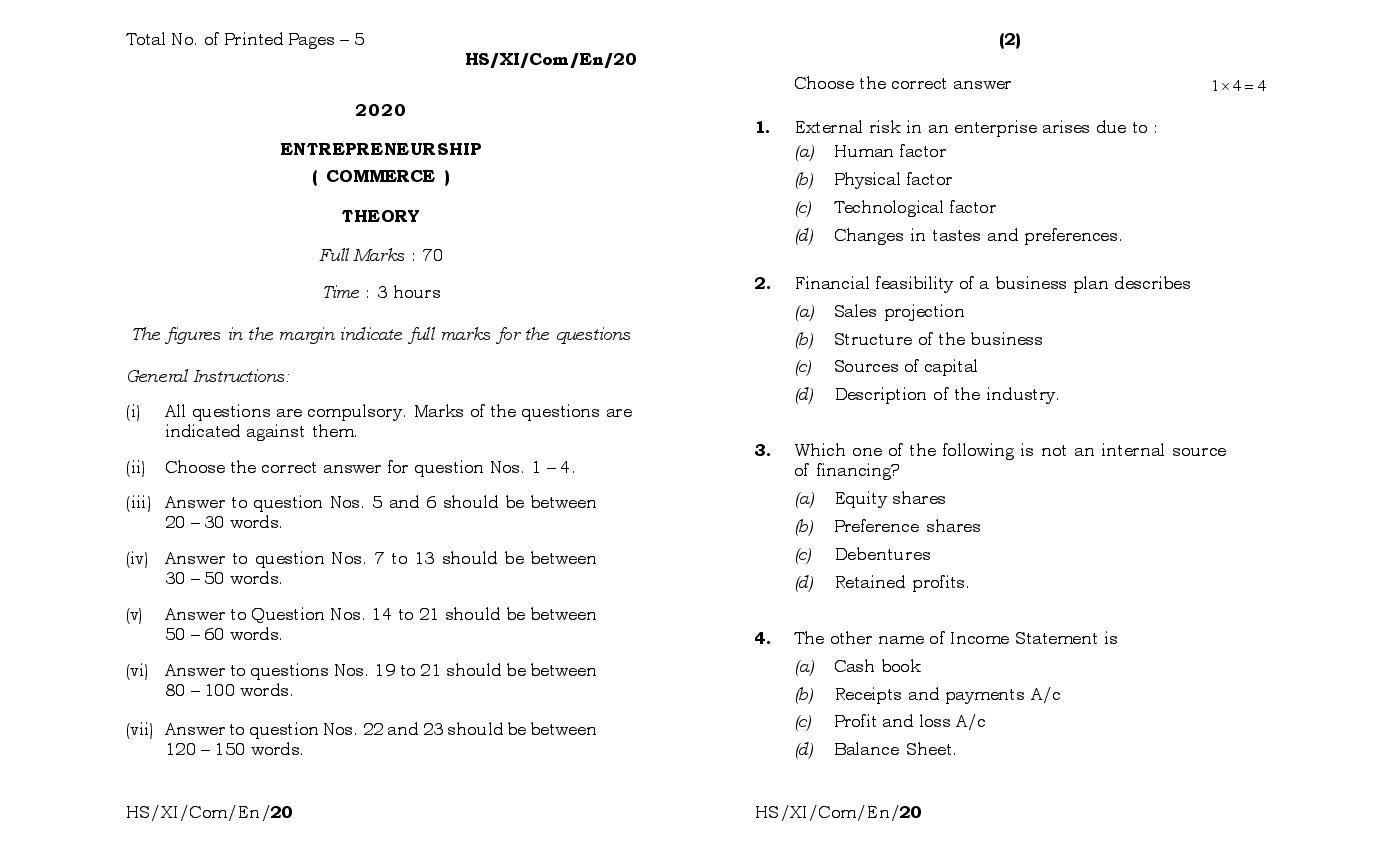 MBOSE Class 11 Question Paper 2020 for Entrepreneurship - Page 1