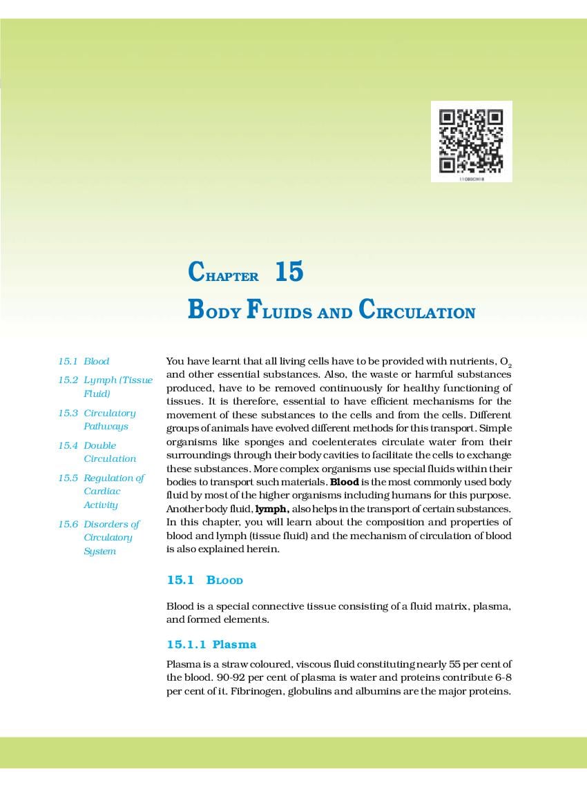 NCERT Book Class 11 Biology Chapter 15 Body Fluids and Circulation - Page 1