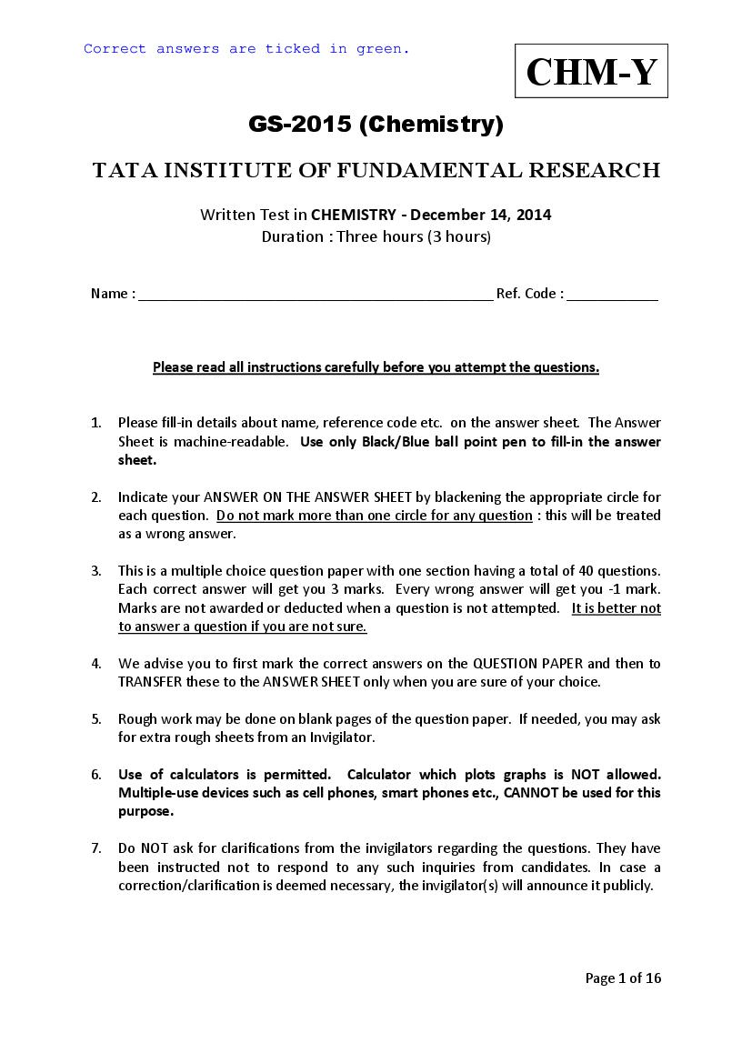 TIFR GS 2015 Question Paper Chemistry Y - Page 1 of 16