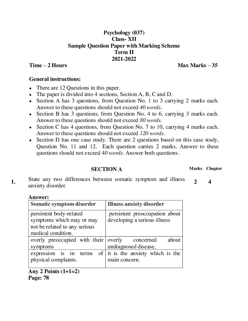CBSE Class 12 Marking Scheme 2022 for Psychology Term 2 - Page 1