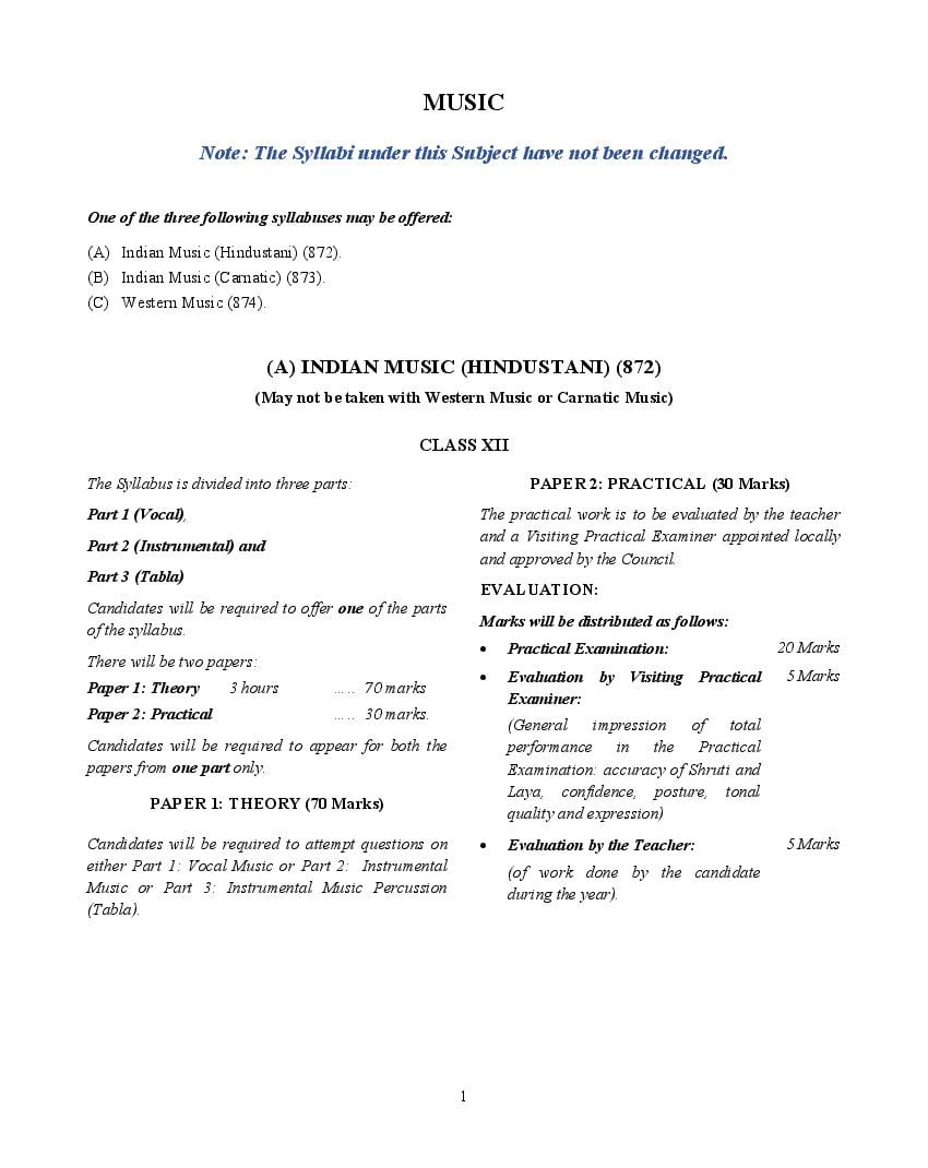 ISC Class 12 Syllabus 2023 Music (Revised) - Page 1