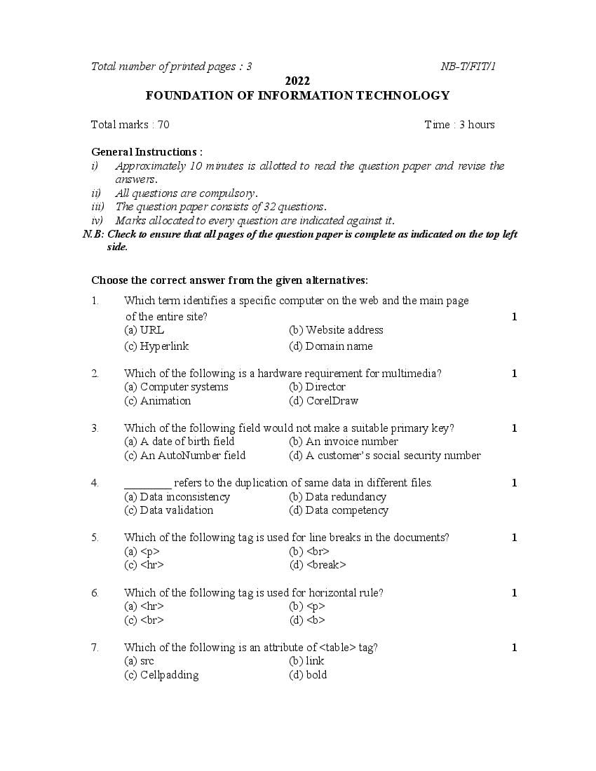NBSE Class 10 Question Paper 2022 Foundation Of Information Technology - Page 1