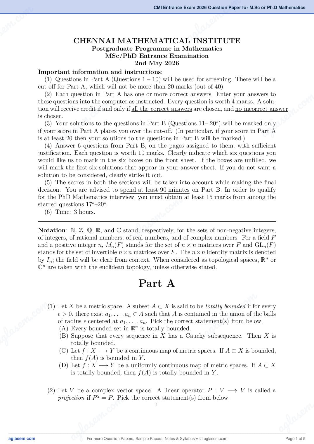 CMI Entrance Exam 2026 Question Papers PDF with Solutions (3 Papers)