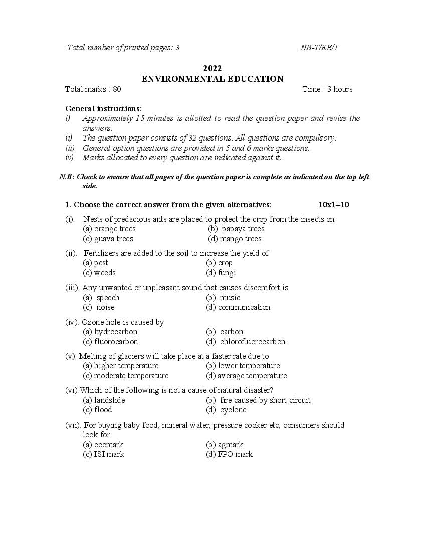 NBSE Class 10 Question Paper 2022 Environmental Education - Page 1