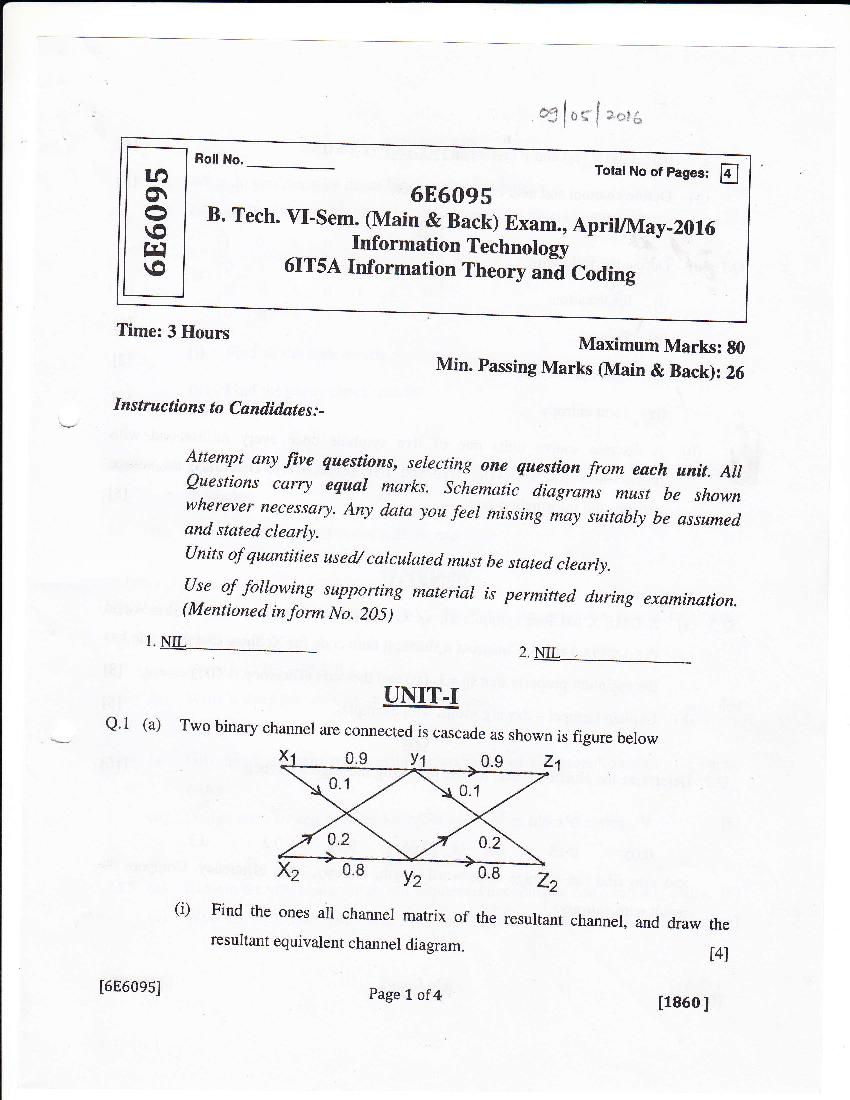 RTU 2016 Question Paper Semester VI Information Technology Information Theory and Coding - Page 1