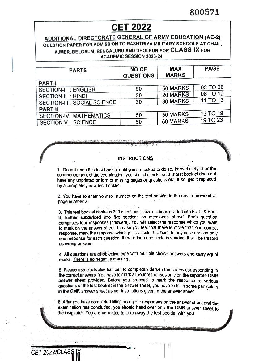 RMS CET 2022 Question Paper for Class 9 - Page 1