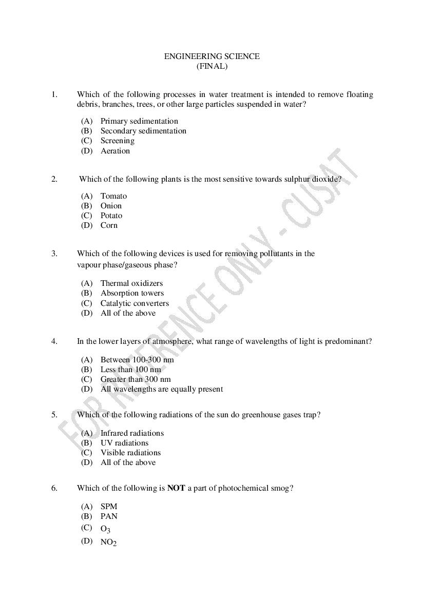 CUSAT CAT 2023 Question Paper Engineering Science - Page 1