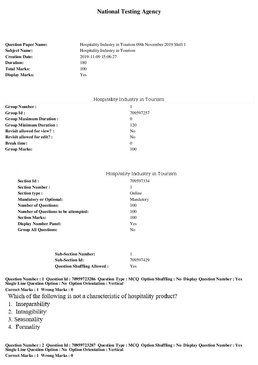 SWAYAM 2019 Question Paper Hospitality Industry in Tourism - Page 1 of 23