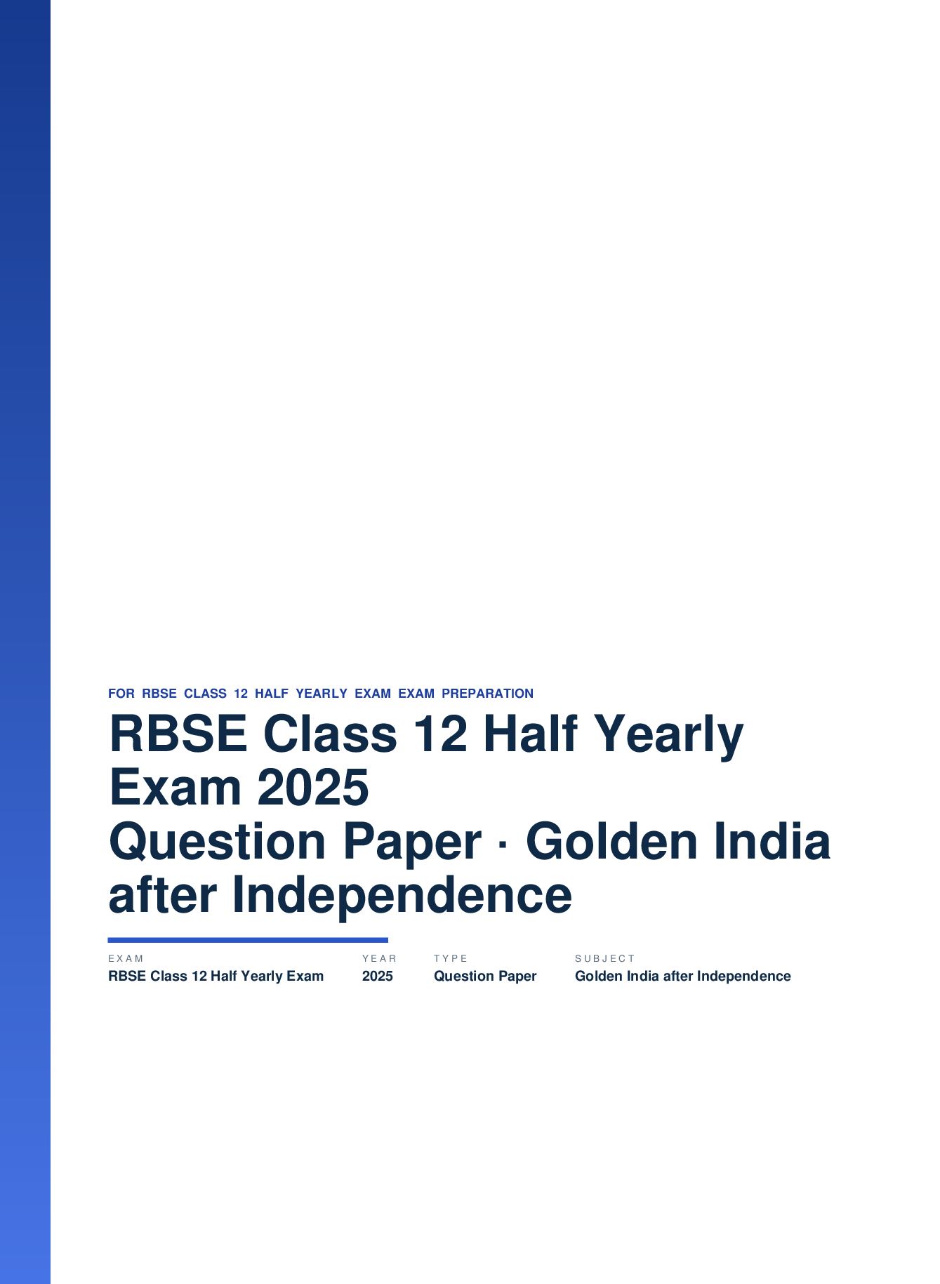 RBSE Class 12 Half Yearly Exam Question Paper 2025 Golden India after Independence - Page 1 of 3