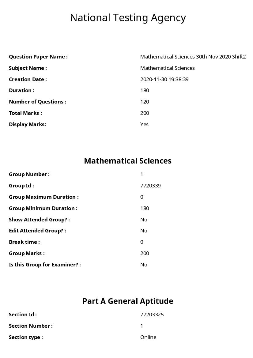 CSIR NET 2020 (Jun) Question Paper Math Sciences 30 Nov - Page 1