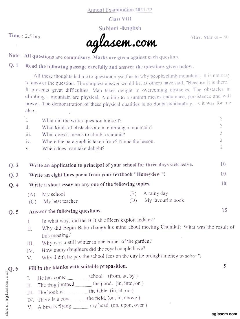Uttarakhand Board Class 8 Question Paper 2022 English - Page 1