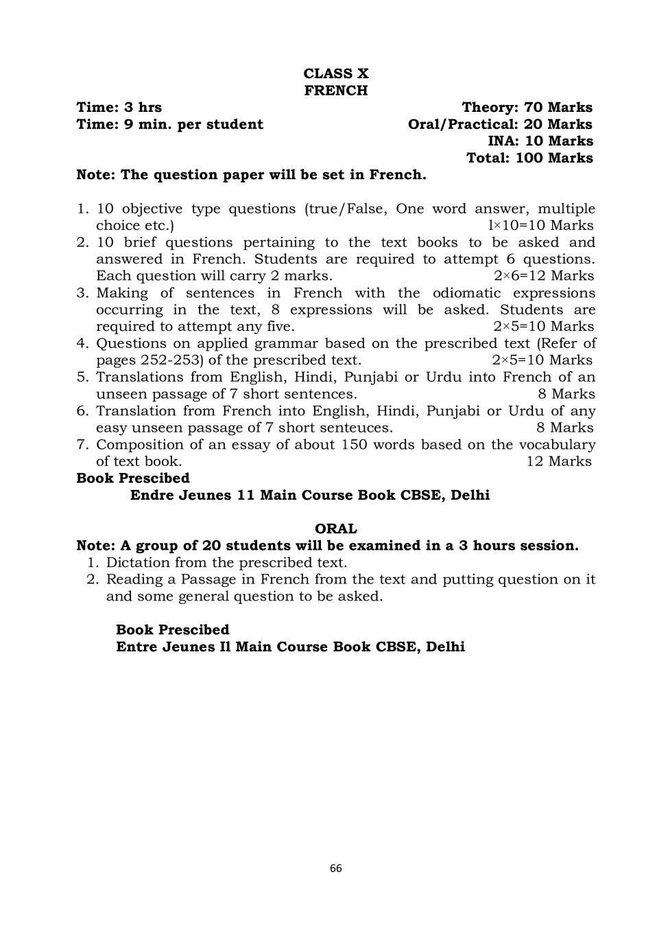 PSEB Syllabus 2020-21 for Class 10 French - Page 1