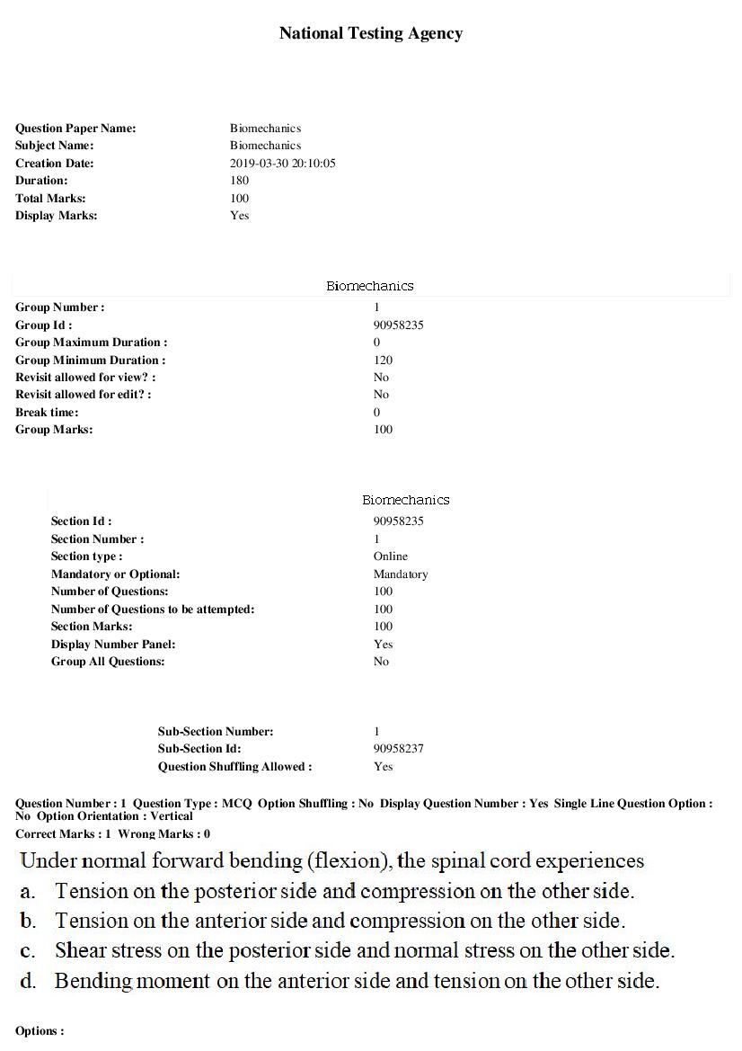ARPIT 2019 Question Paper for Biomechanics - Page 1 of 35