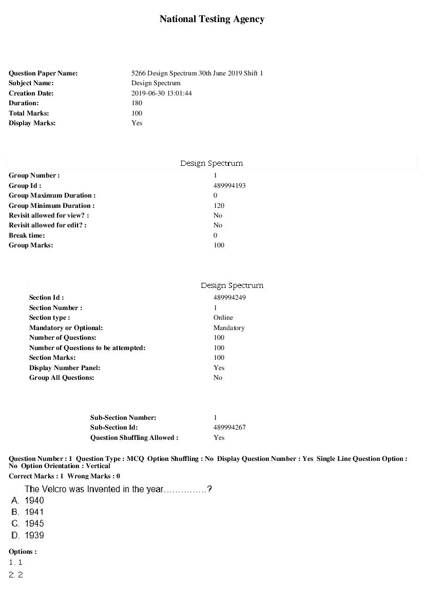 ARPIT 2019 Question Paper for Design Spectrum Shift 1 - Page 1 of 31