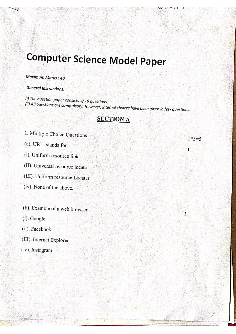 JKBOSE 10th Model Paper Computer Science - Page 1