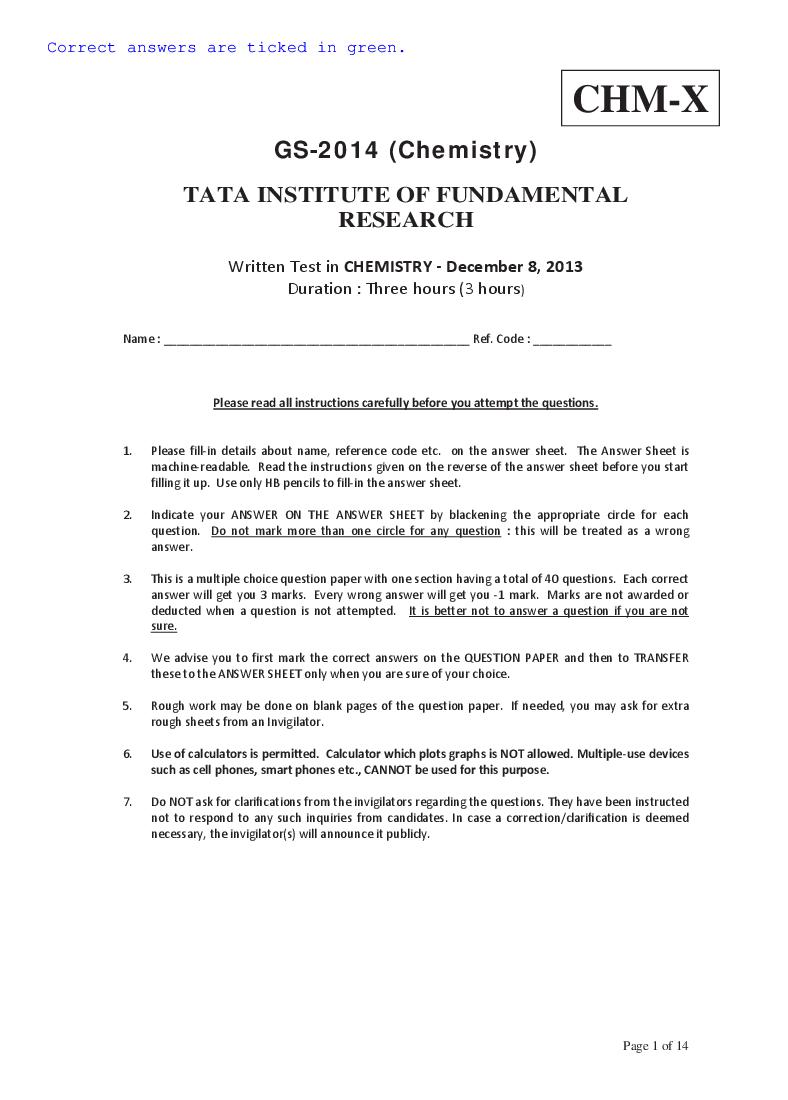 TIFR GS 2014 Question Paper Chemistry X - Page 1 of 14
