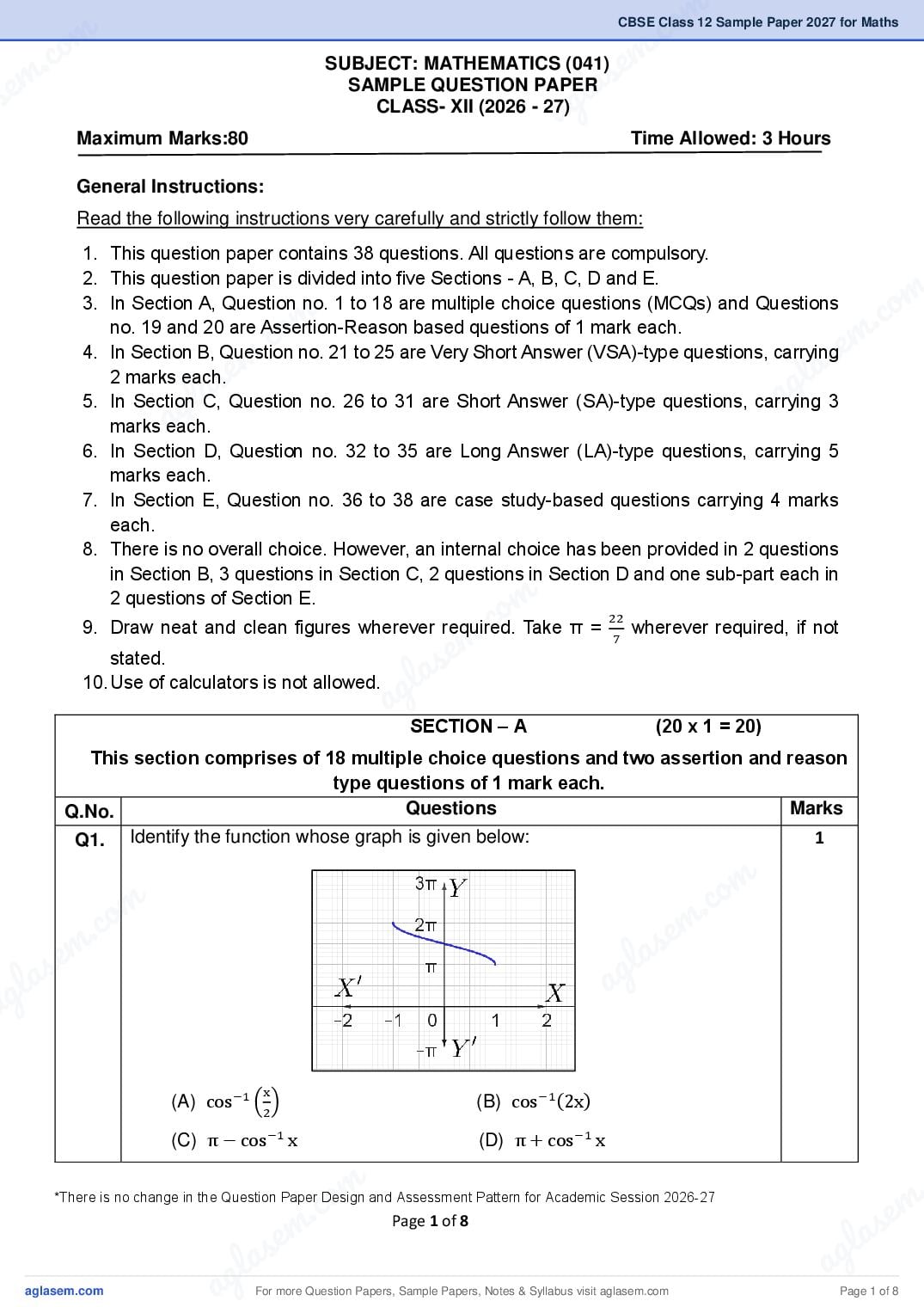CBSE Class 12 Sample Paper 2027 for Maths - Page 1 of 8