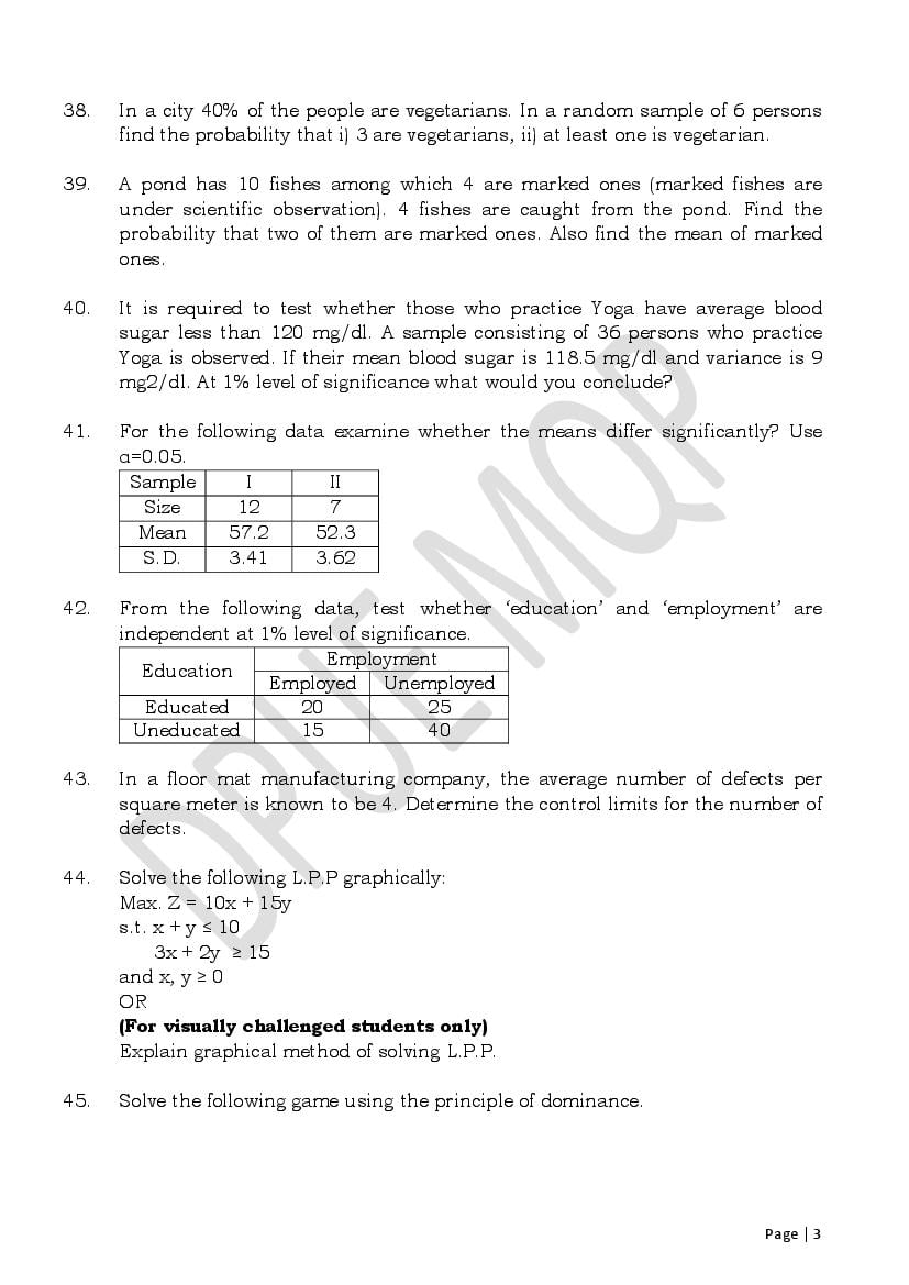 Karnataka 2nd PUC Model Question Paper for Statistics 2022