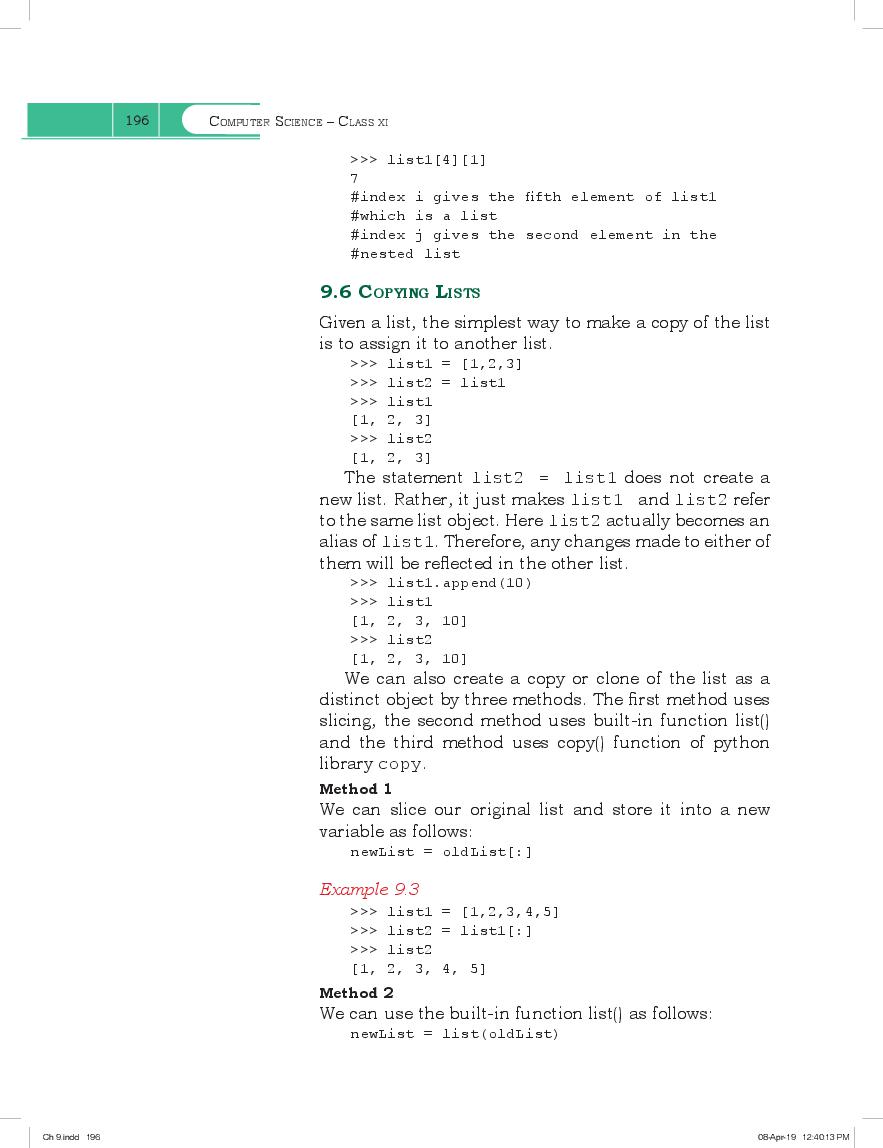 Ncert Book Class 11 Computer Science Chapter 9 Lists Aglasem Schools