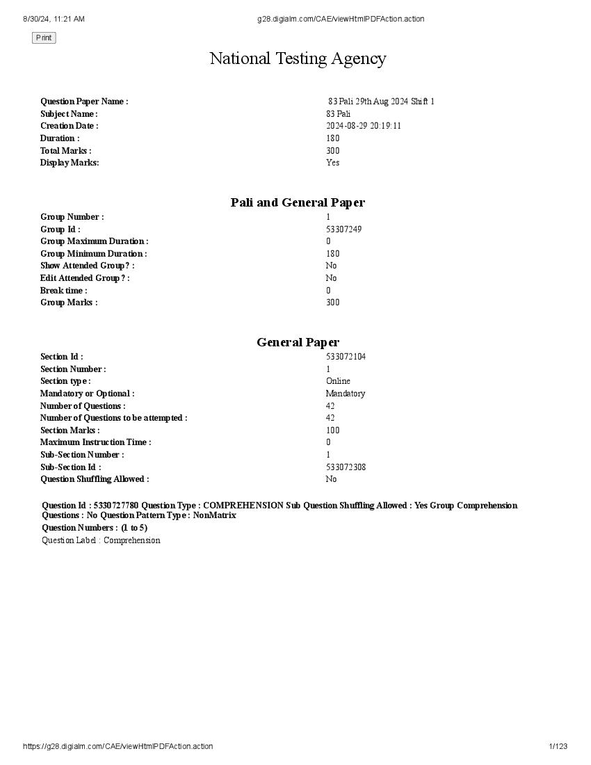 UGC NET 2024 Question Paper Pali - Page 1