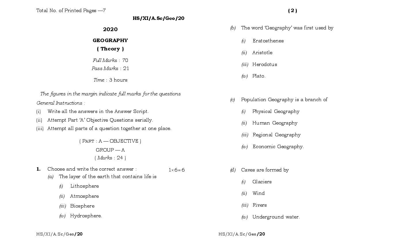 MBOSE Class 11 Question Paper 2020 for Geography - Page 1