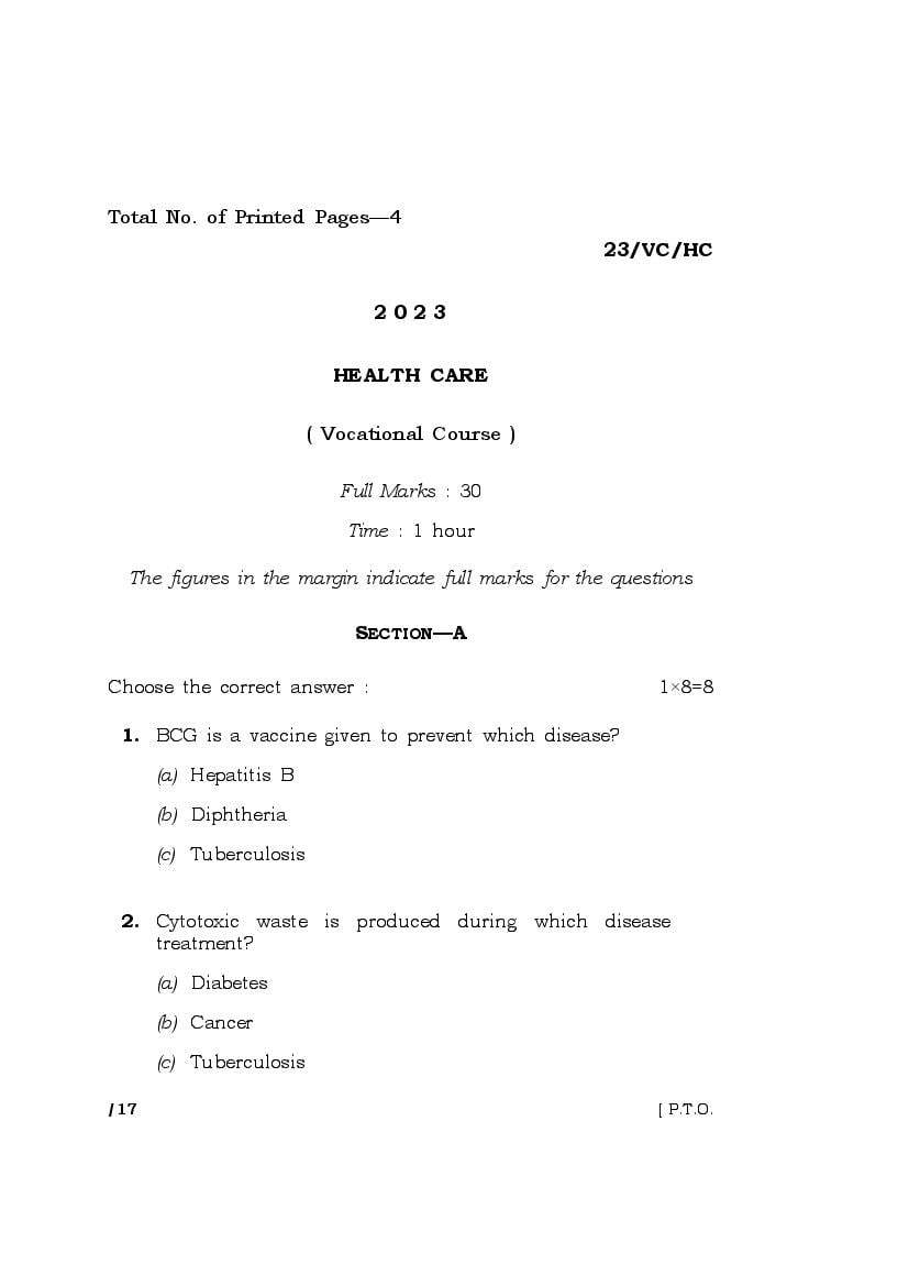 MBOSE Class 10 Question Paper 2023 for Health Care - Page 1