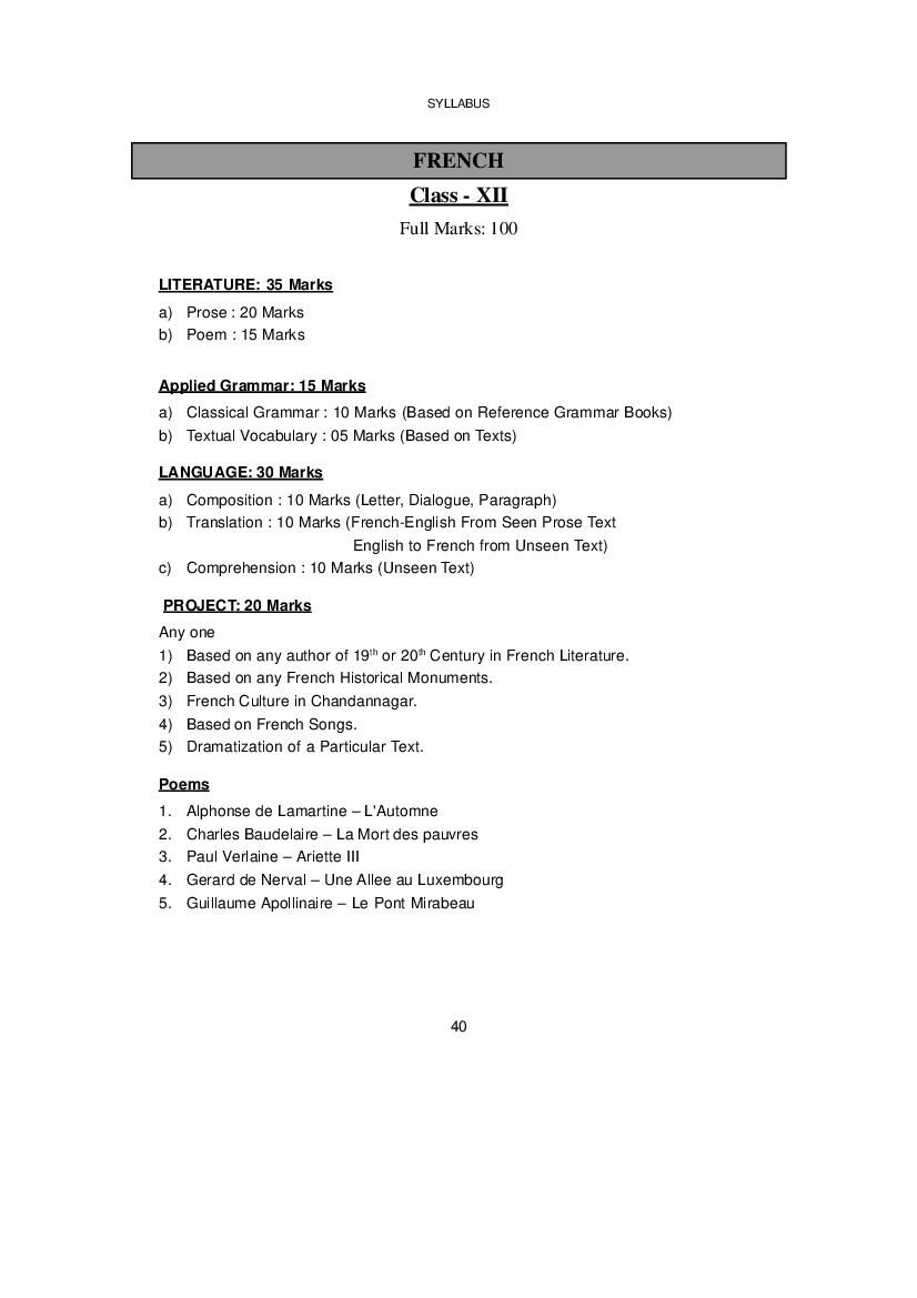 WBCHSE Class 12 Syllabus for French - Page 1