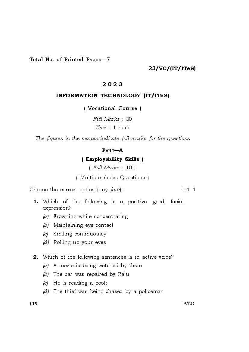 MBOSE Class 10 Question Paper 2023 for Information Technology - Page 1