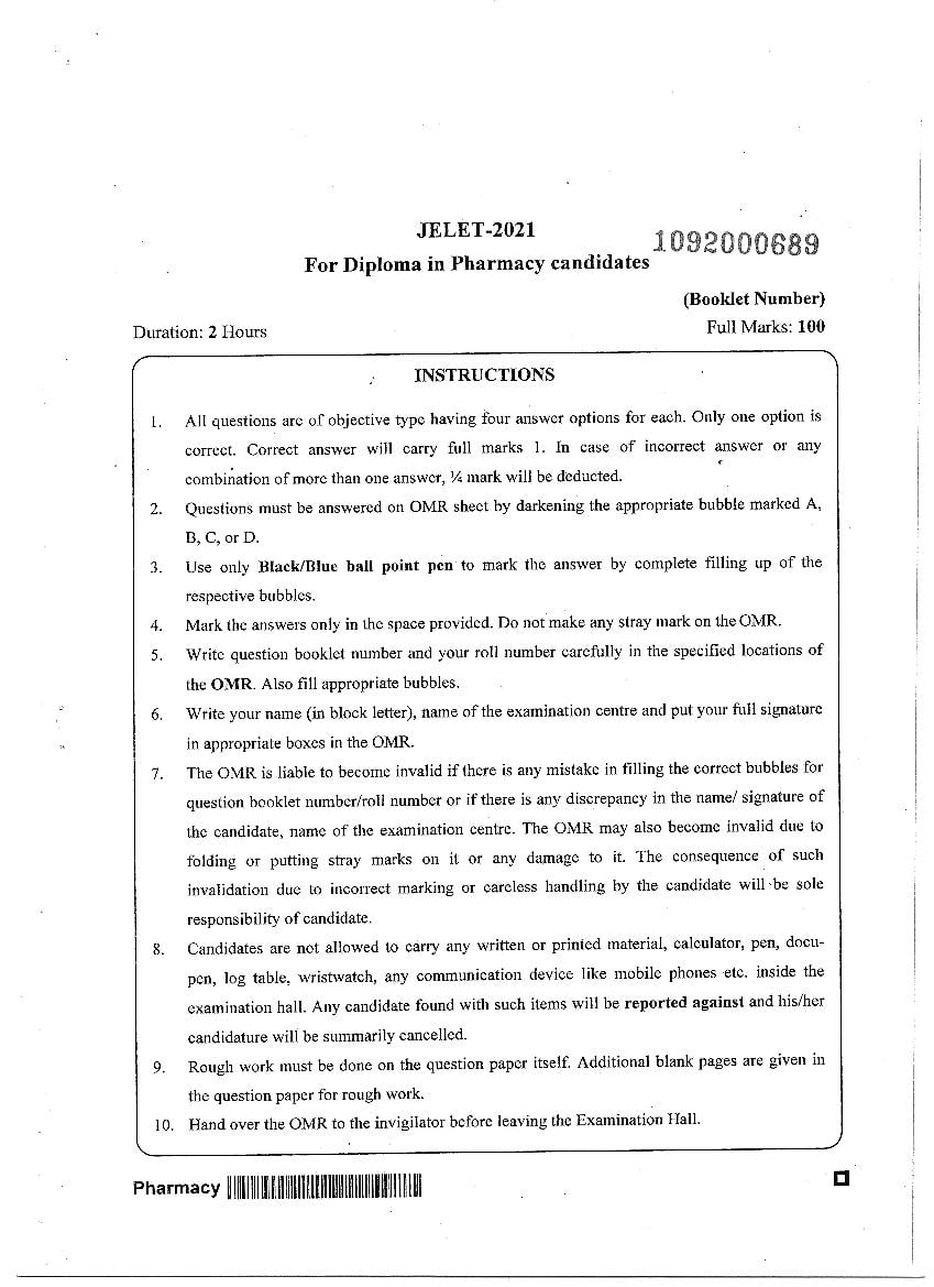 JELET 2021 Question Paper Diploma in Pharmacy - Page 1