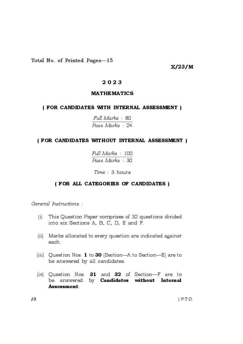 MBOSE Class 10 Question Paper 2023 for Maths - Page 1