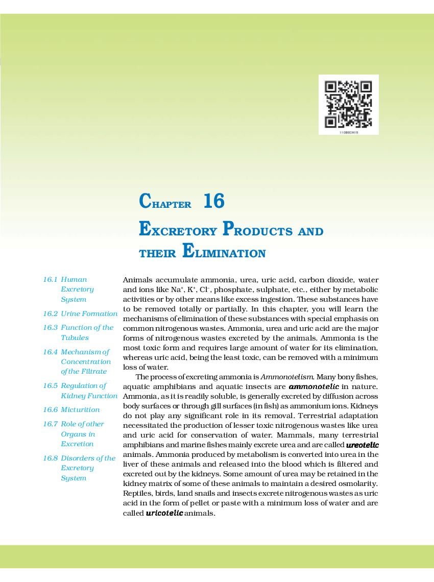 NCERT Book Class 11 Biology Chapter 16 Excretory Products and their Elimination - Page 1