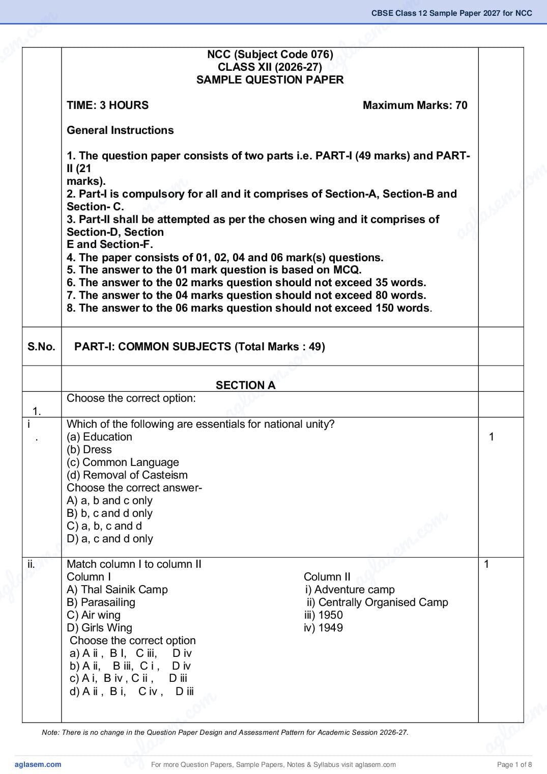 CBSE Class 12 Sample Paper 2027 for NCC - Page 1 of 8