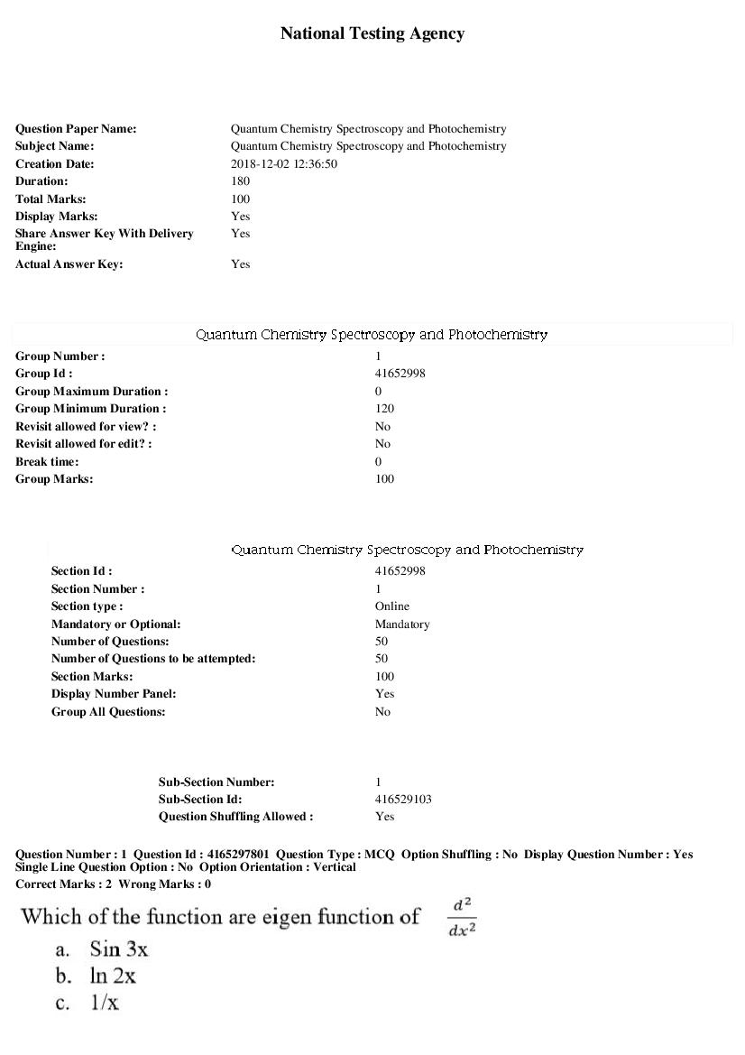 SWAYAM 2018 Question Paper Quantum Chemistry Spectroscopy and Photochemistry - Page 1 of 14