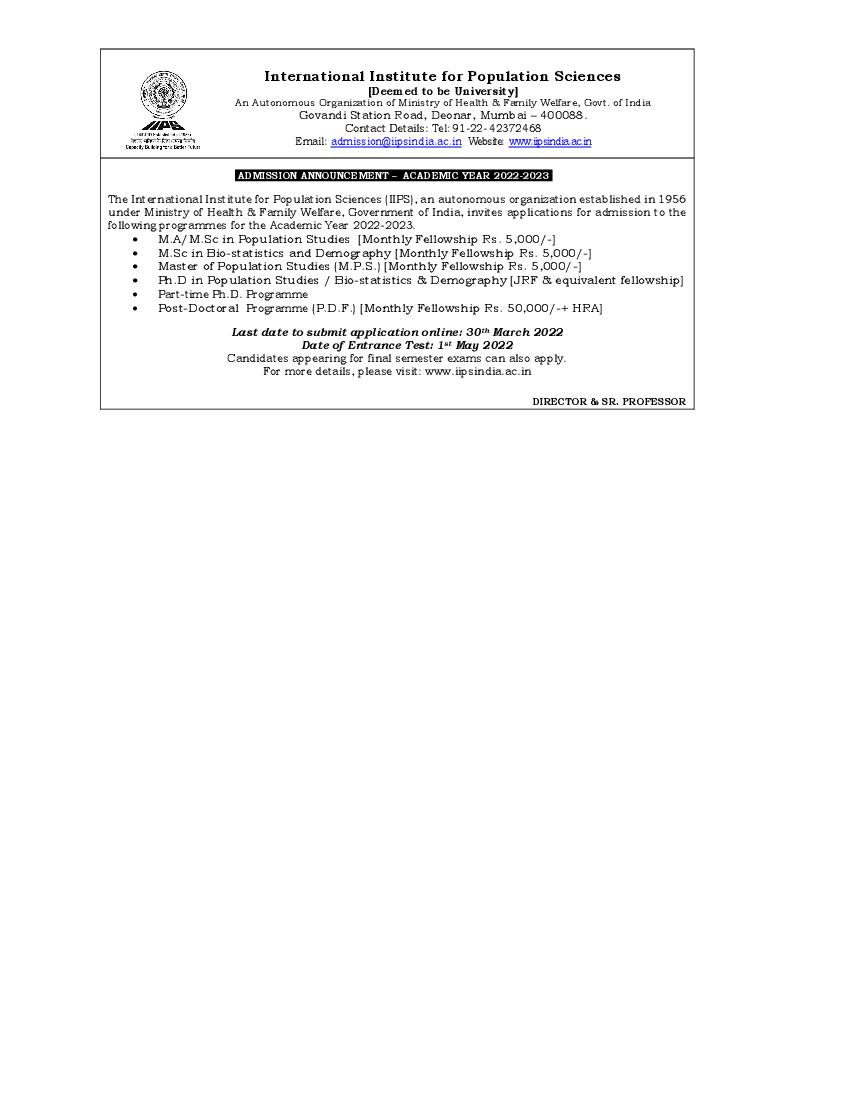 IIPS Admission 2022 Notification - Page 1