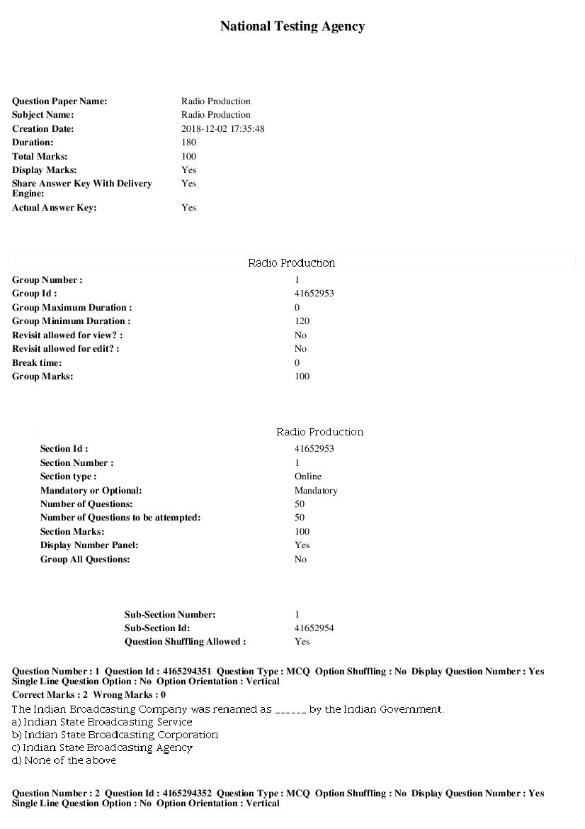 SWAYAM 2018 Question Paper Radio Production - Page 1 of 9