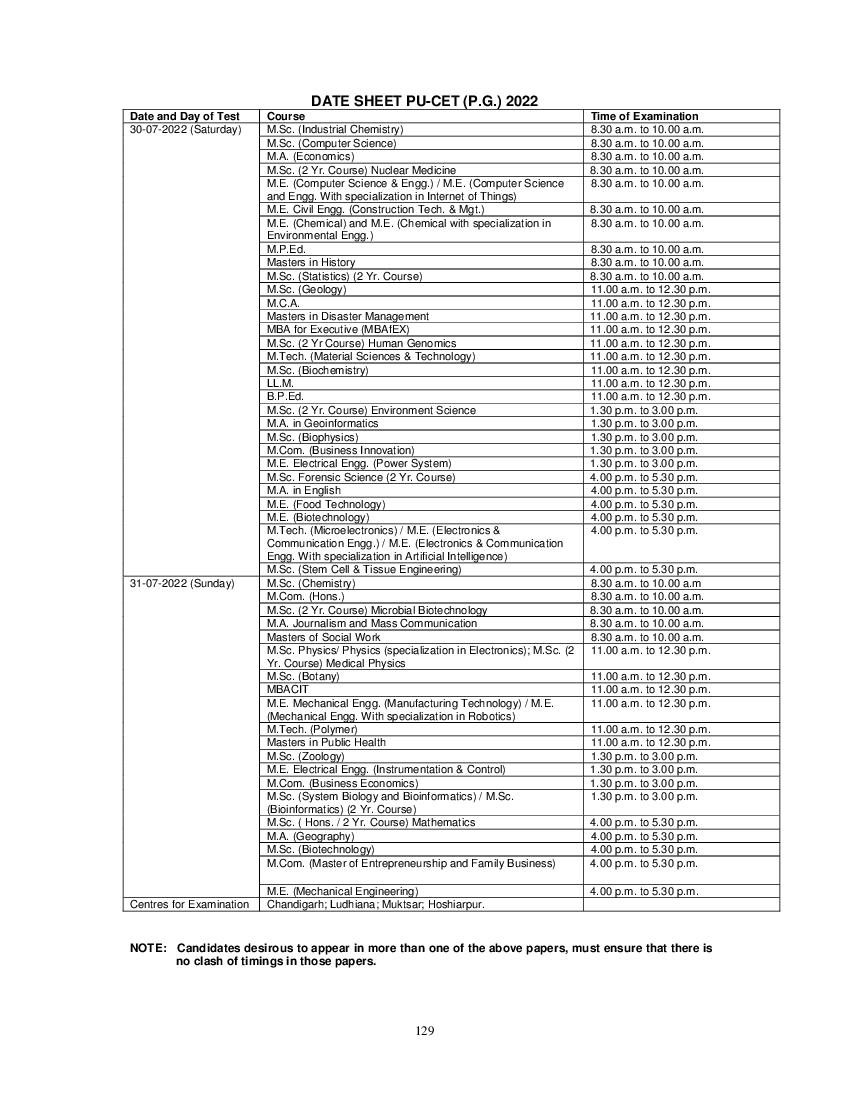 PU CET PG 2022 Date Sheet - Page 1