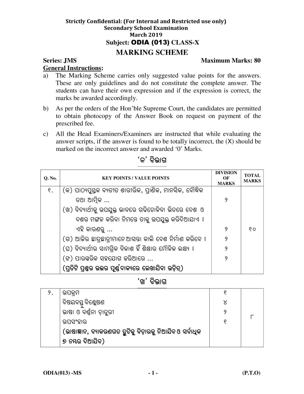 CBSE Class 10 Odia Question Paper 2019 Solutions - Page 1