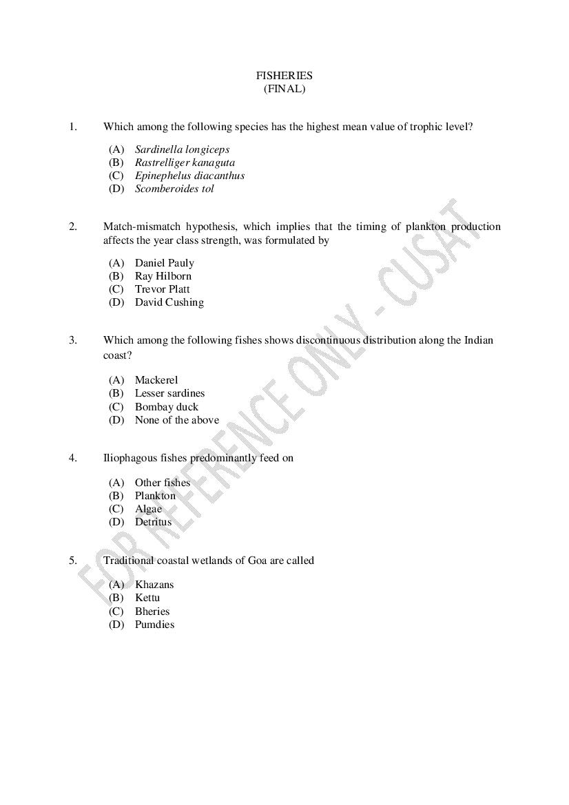 CUSAT CAT 2023 Question Paper Fisheries - Page 1