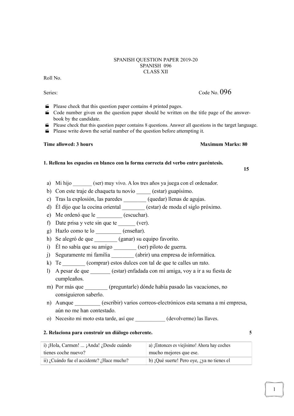 CBSE Class 12 Sample Paper 2020 for Spanish - Page 1