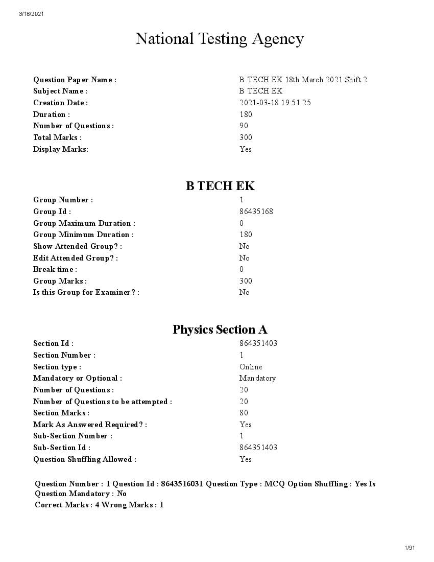 JEE main 2021 Question Paper 18 Mar Shift 2 B.Tech Kannada - Page 1