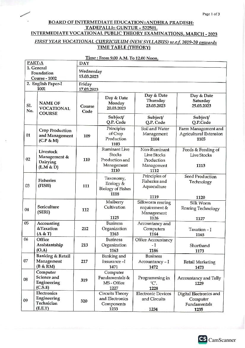 AP Inter 1st year Vocational Time Table 2023 - Page 1