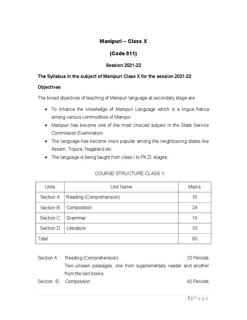 CBSE Class 10 Manipuri Syllabus 2021-22 - Page 1