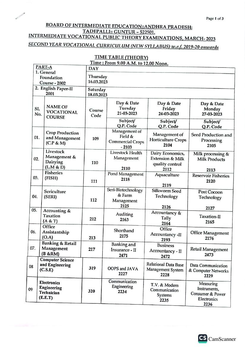 AP Inter 2nd year Vocational Time Table 2023 - Page 1