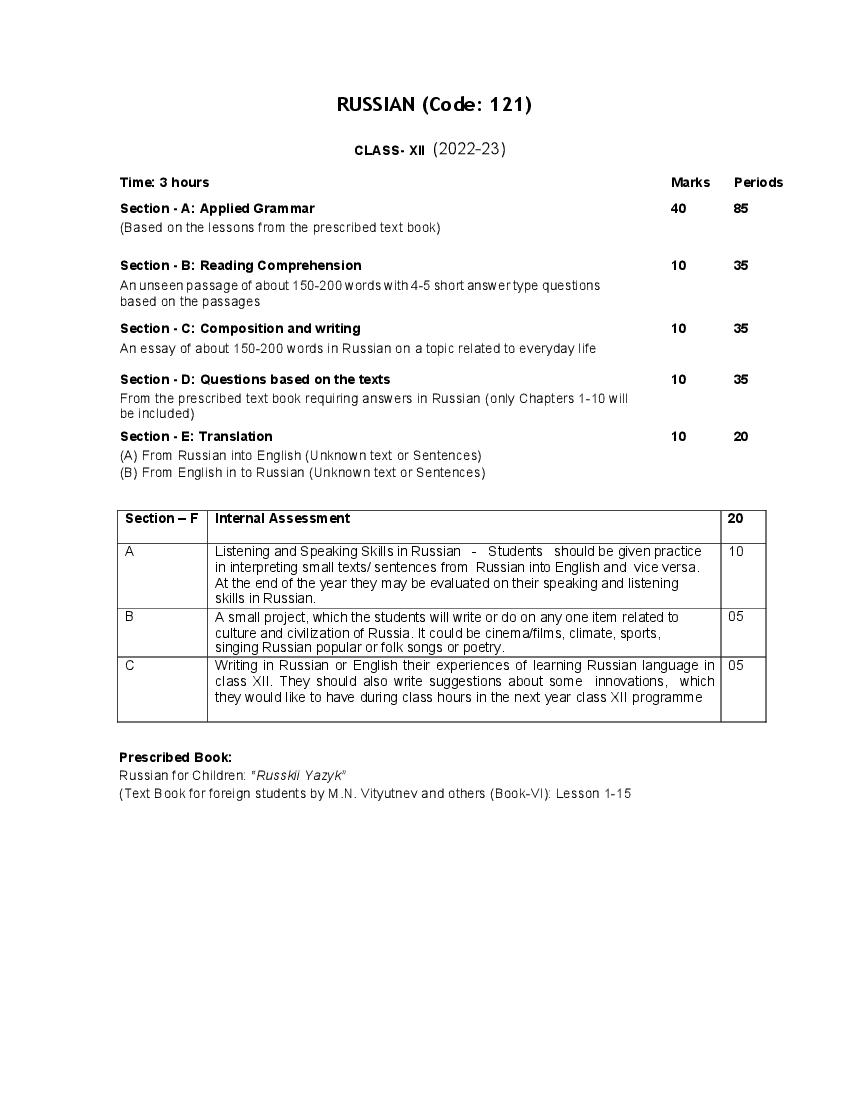 CBSE Class 12 Syllabus 2022-23 Russian - Page 1