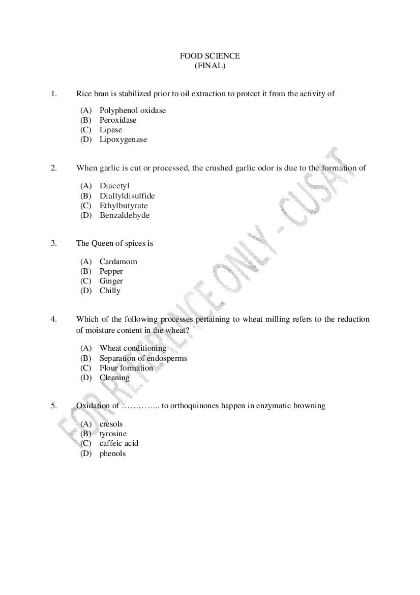 CUSAT CAT 2023 Question Paper Food Science - Page 1