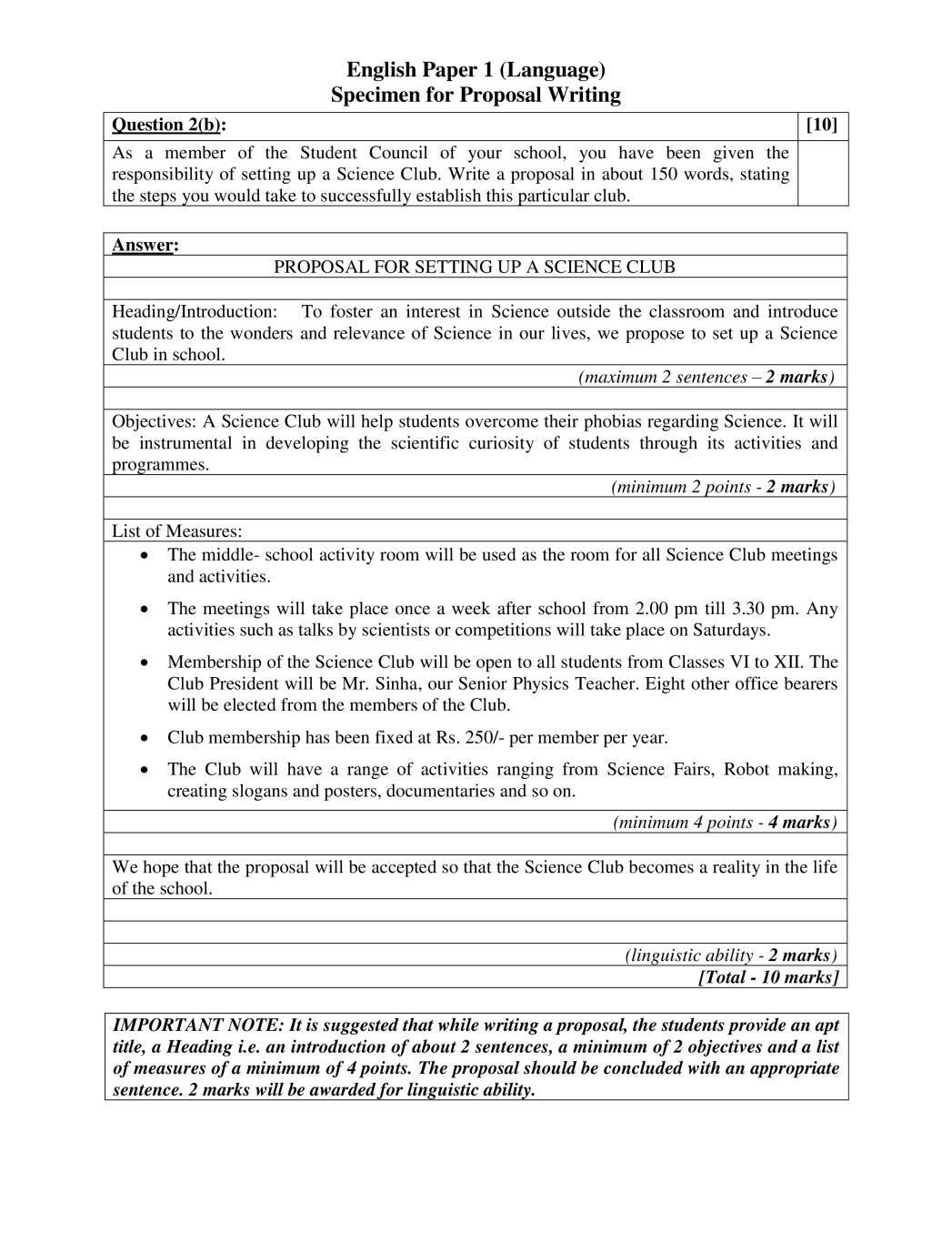 Isc Class 12 Specimen Paper 19 For English Paper 1 Language Proposal Writing