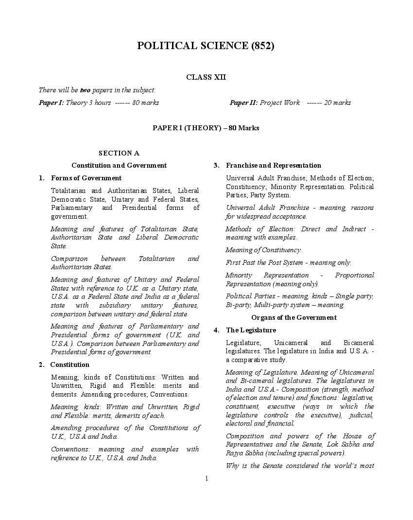 ISC Class 12 Syllabus 2023 Political Science (Revised) - Page 1
