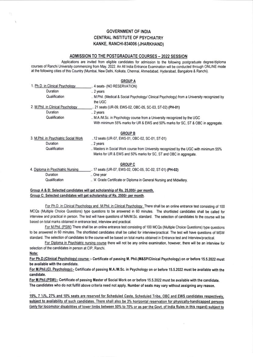 CIP Ranchi Entrance Exam 2022 Admission Notice - Page 1