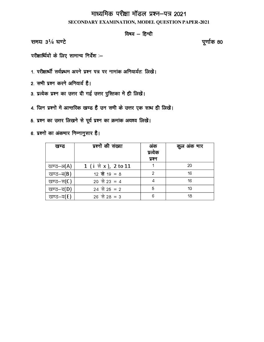 Rajasthan Board 10th Hindi Sample Paper 2021 - Page 1