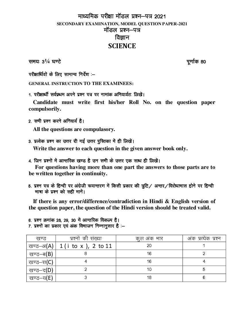 Rajasthan Board 10th Science Sample Paper 2021 - Page 1